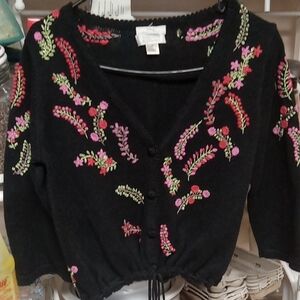 Christopher & Banks Black Cardigan with Floral Embroidery